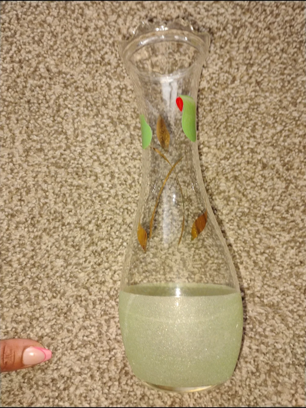 Vintage Hand Painted Clear Glass Vase with Green Base and Gold Leaf Accents